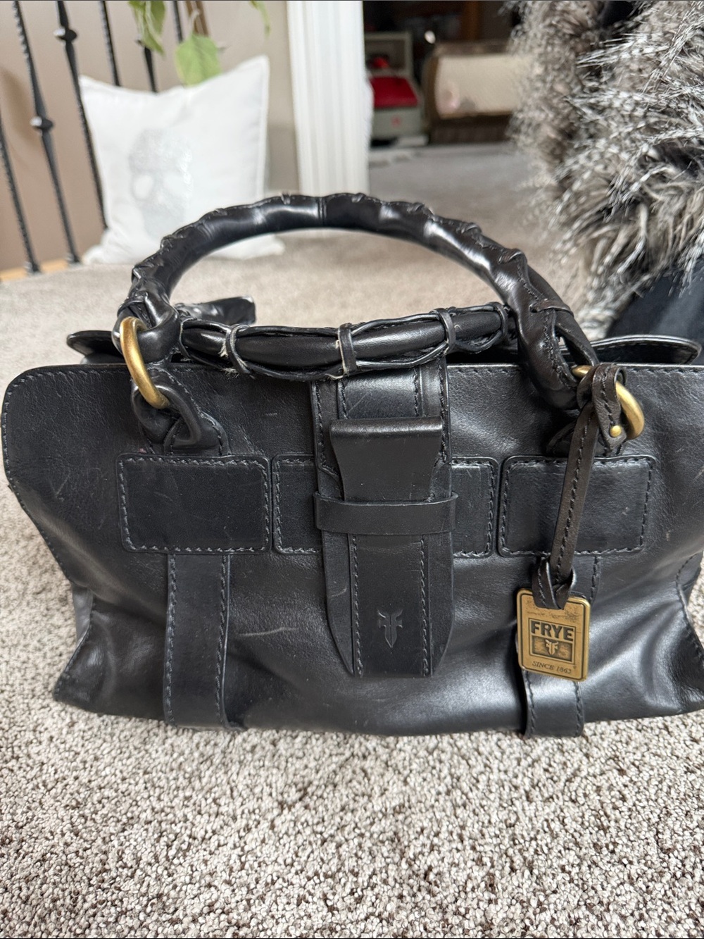 Frye Black Leather Top-Handle Satchel with Brass Tag. very Rare vintage